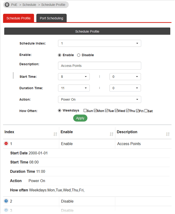VigorSwitch P1280 PoE Scheduling